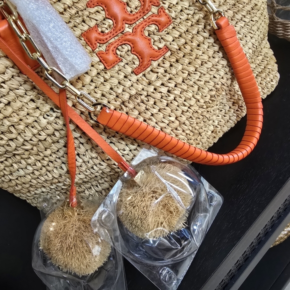 Tory Burch Shoulder Straw Gold Chain Orange and Tan Woven Tote - Picture 6 of 10